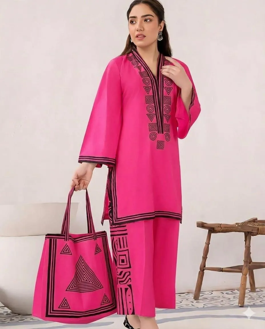 Pink Linen Printed 3Pc Set with Bag - Image 3