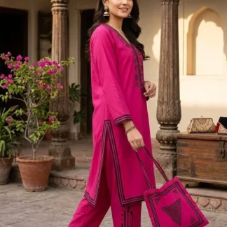 Pink Linen 3-Piece Set for Women with Handbag