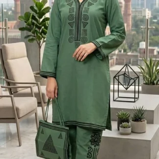 Linen 3-Piece Printed Set Green V-Neck