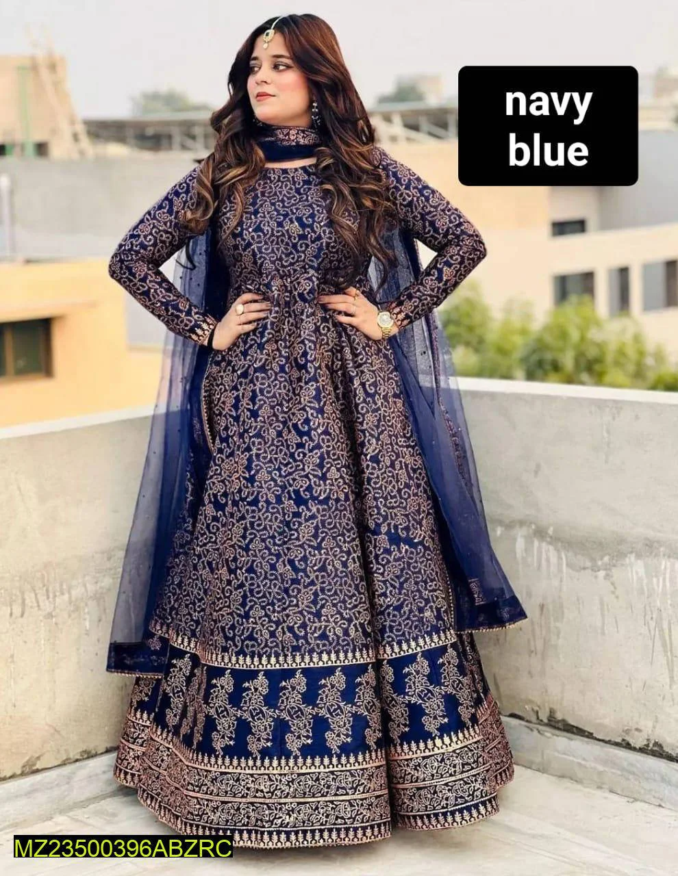 Navy Blue Katan Silk Printed Women Maxi Set - Image 2
