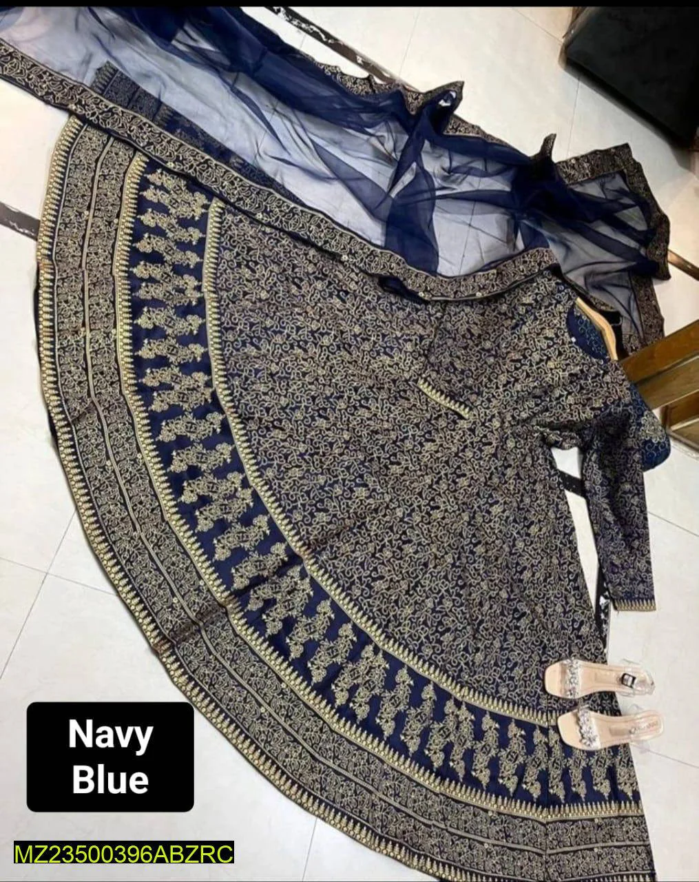 Navy Blue Katan Silk Printed Women Maxi Set - Image 3