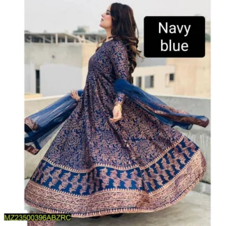 Navy Blue Katan Silk Printed Women Maxi Set
