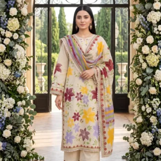 3 Pcs Women's Stitched Cotton Lawn Embroidered Kaftan Suit
