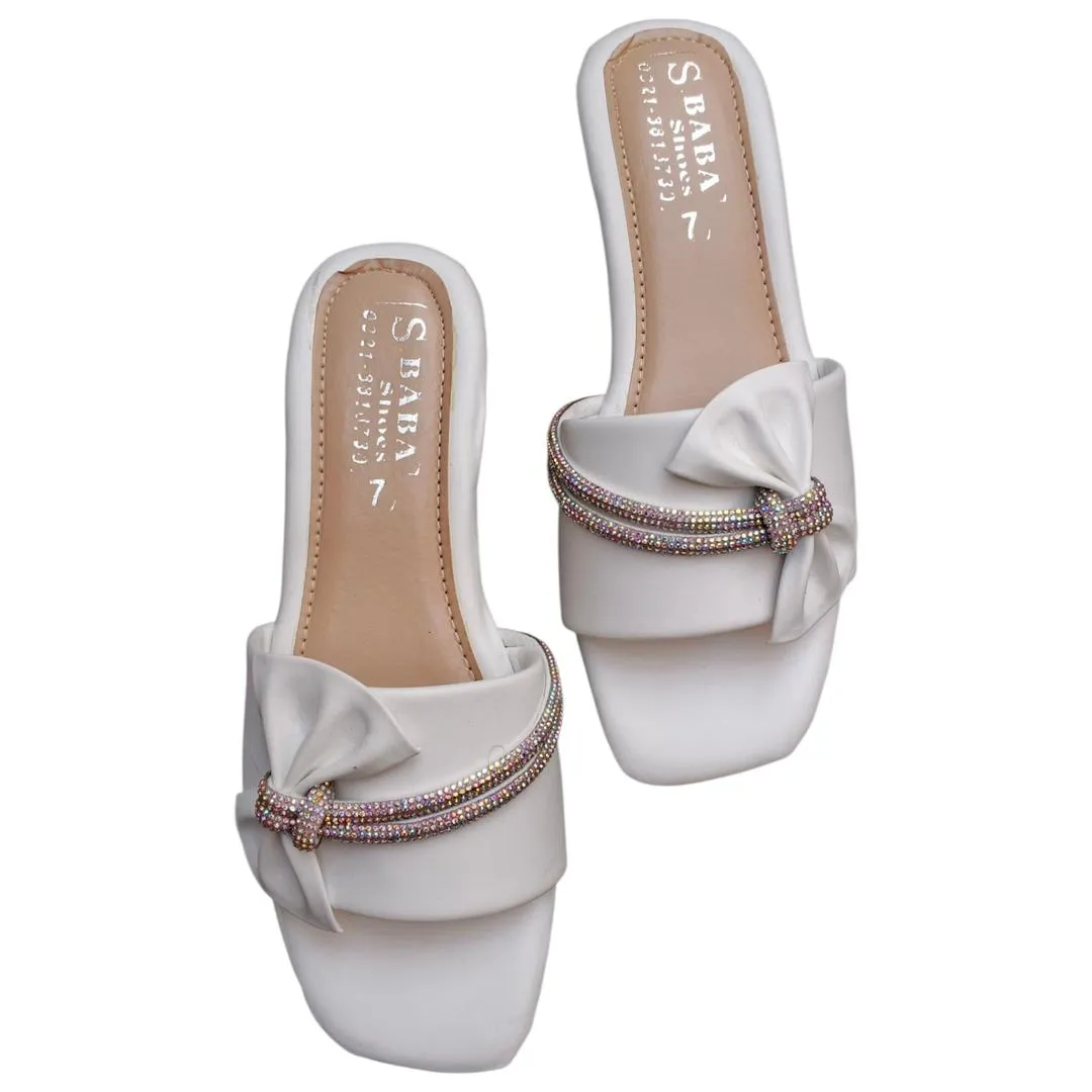 White Rhinestone Bow Women's Slides Size 7
