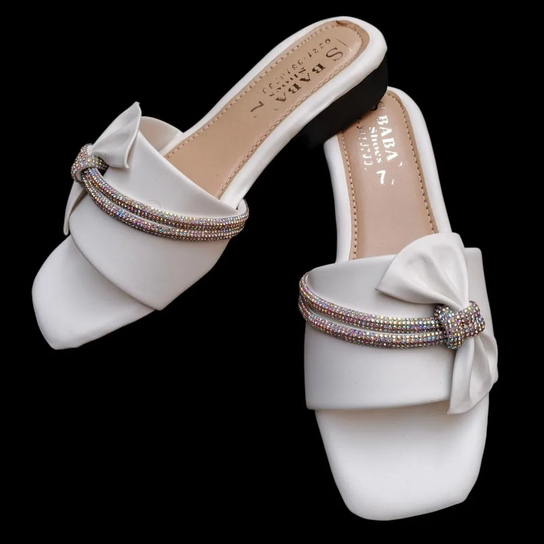 White Rhinestone Bow Women's Slides Size 7 - Image 2