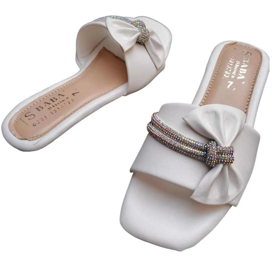 White Rhinestone Bow Women's Slides Size 7 - Image 4