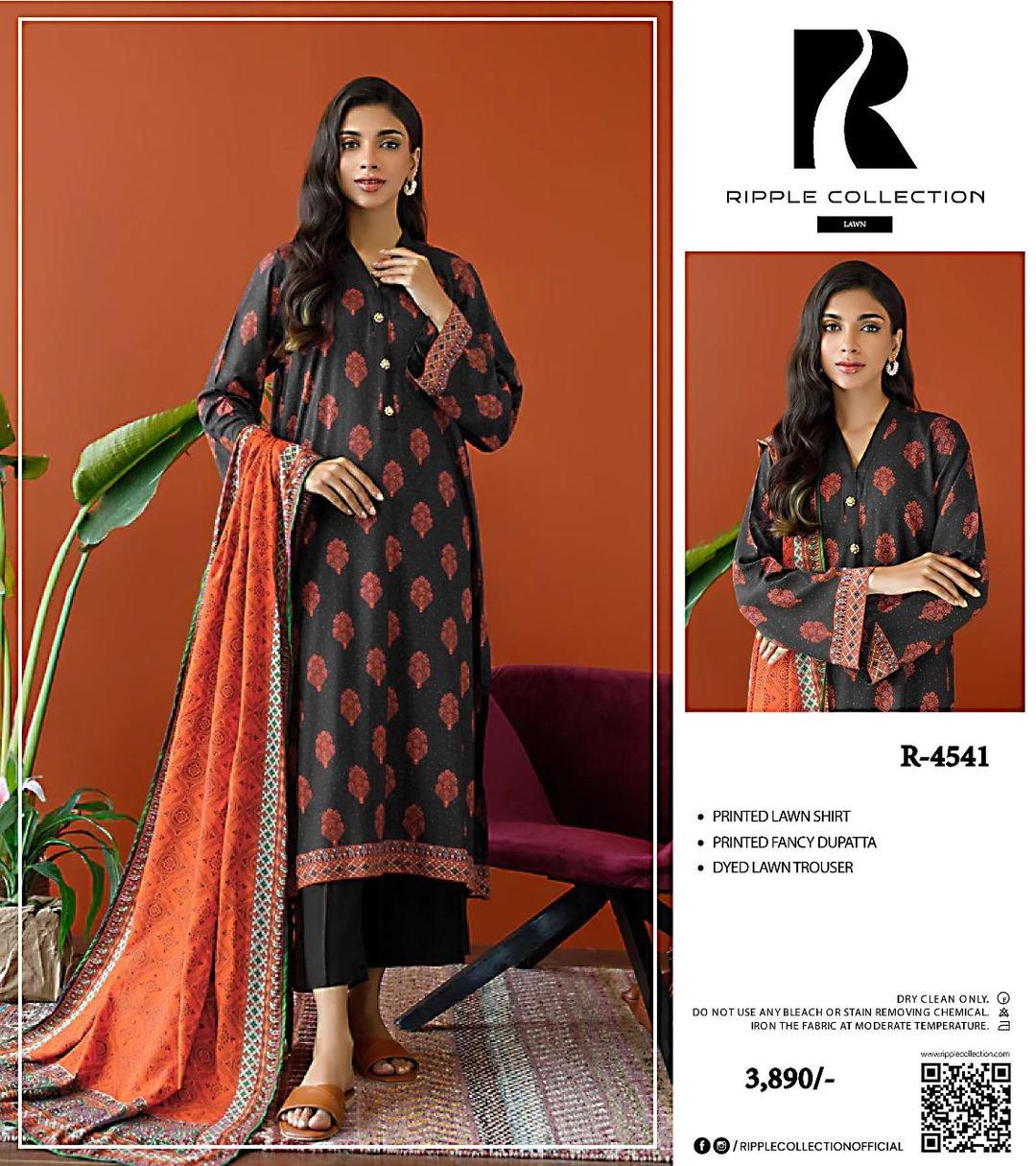 Printed Lawn 3-Piece Suit Black Red Floral