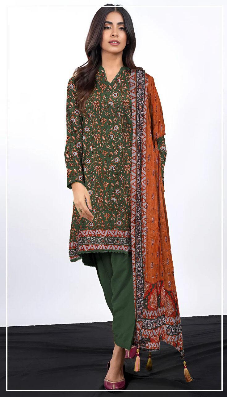 Printed Lawn 3-Piece Suit Green Orange Floral - Image 2