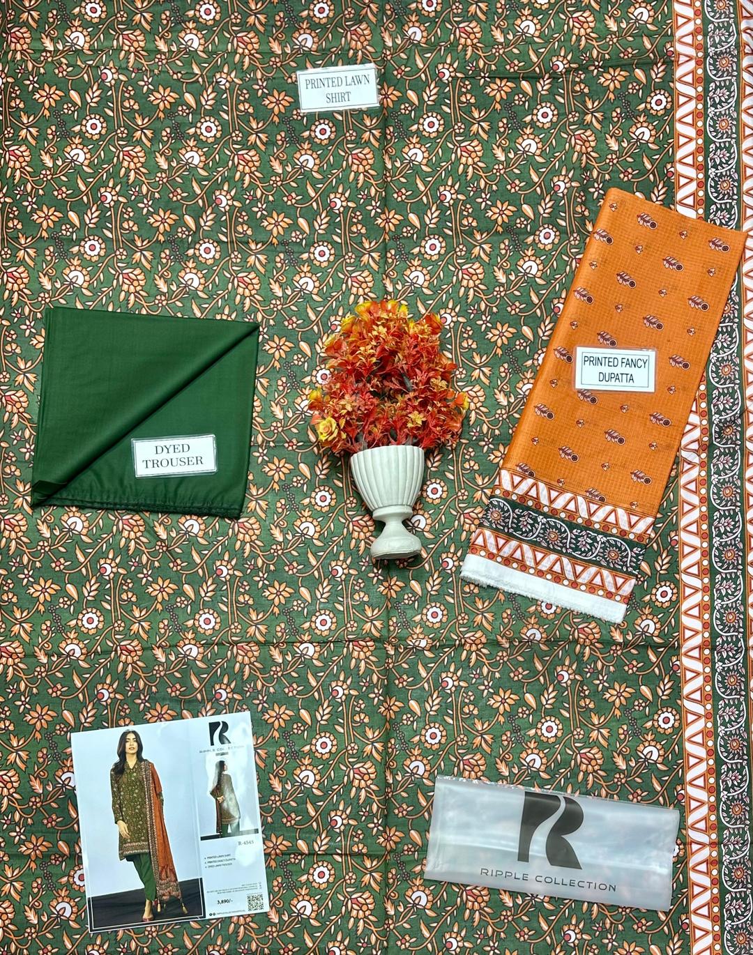Printed Lawn 3-Piece Suit Green Orange Floral - Image 3