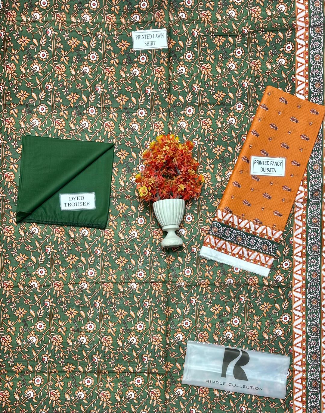 Printed Lawn 3-Piece Suit Green Orange Floral - Image 4