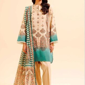 3-Piece Printed Dobby Lawn Suit Off-White Floral Geometric