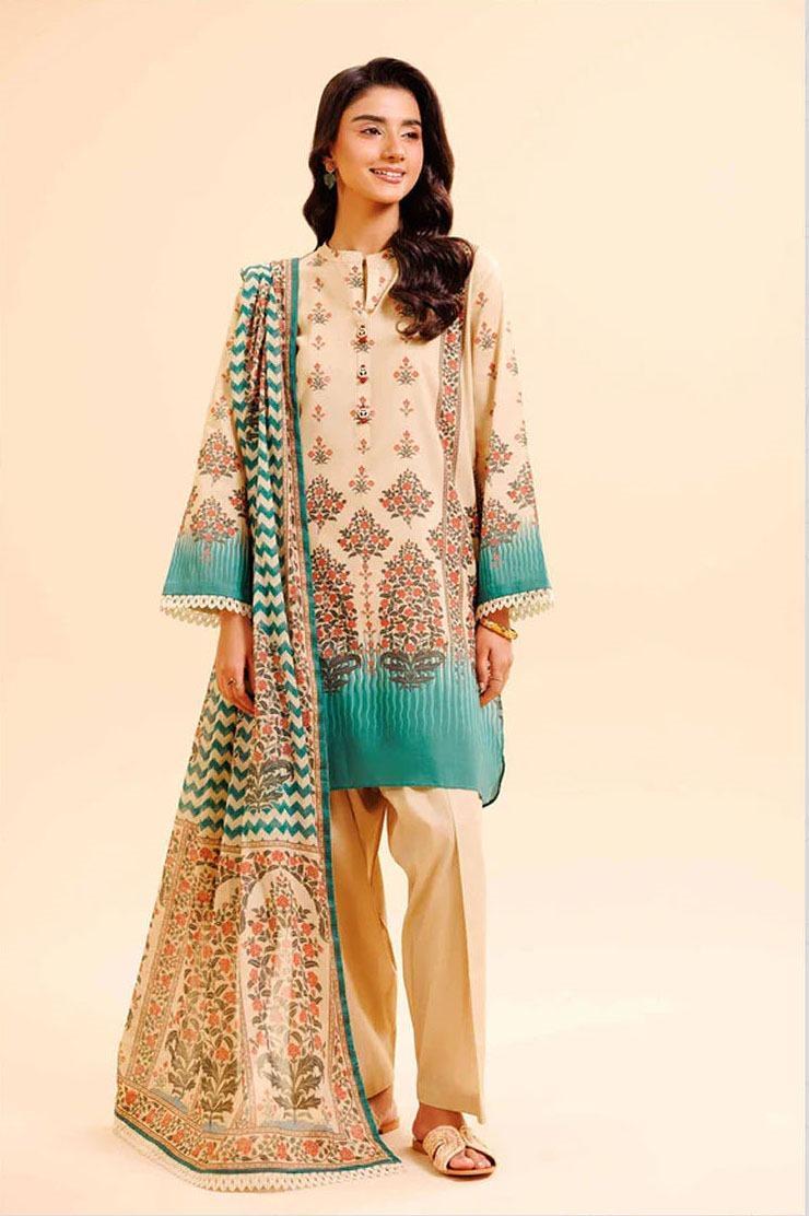 3-Piece Printed Dobby Lawn Suit Off-White Floral Geometric