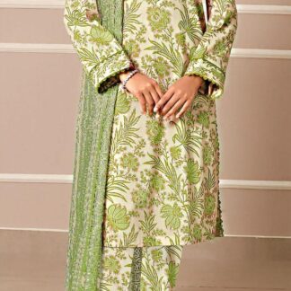 3-Piece Printed Lawn Suit Green Floral Off-White