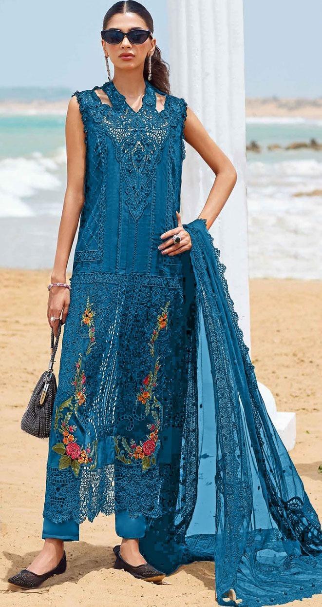 Unstitched Viscose Suit Blue Embroidered 3-Piece Set