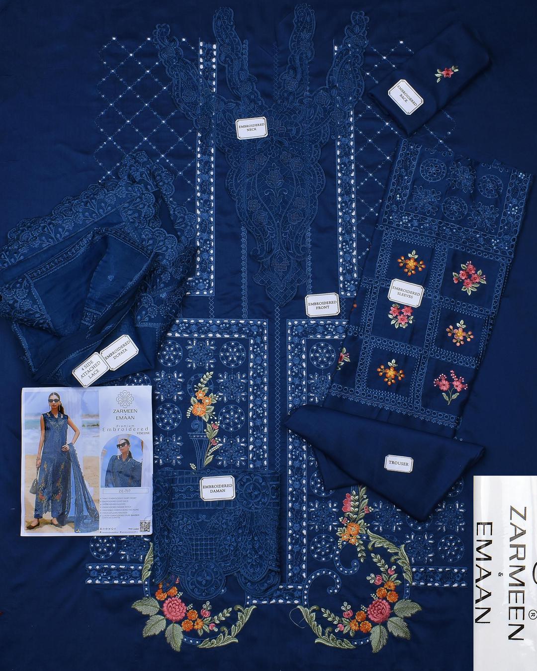 Unstitched Viscose Suit Blue Embroidered 3-Piece Set - Image 2
