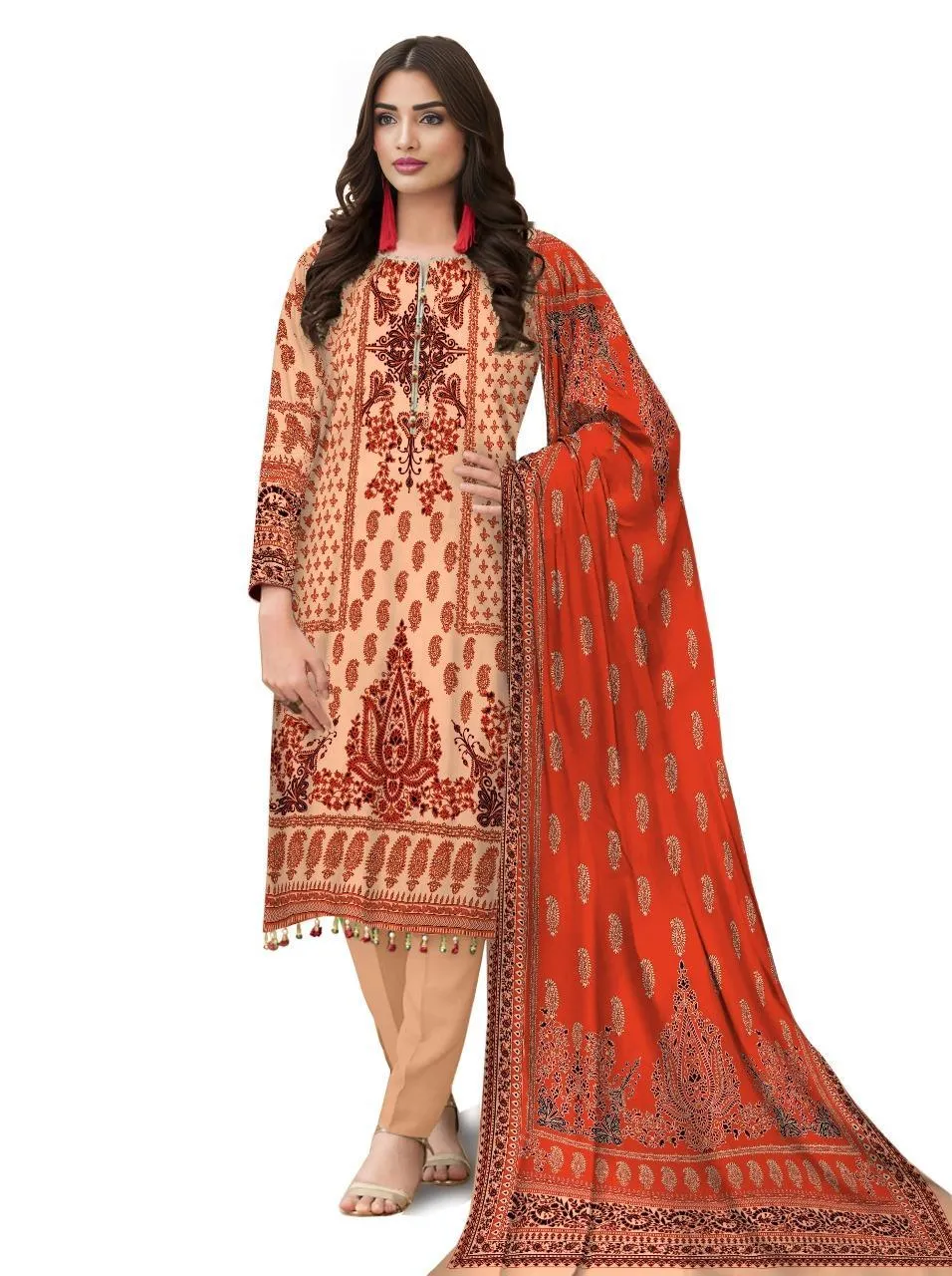 Peach Printed 3-Piece Karandi Suit for Women