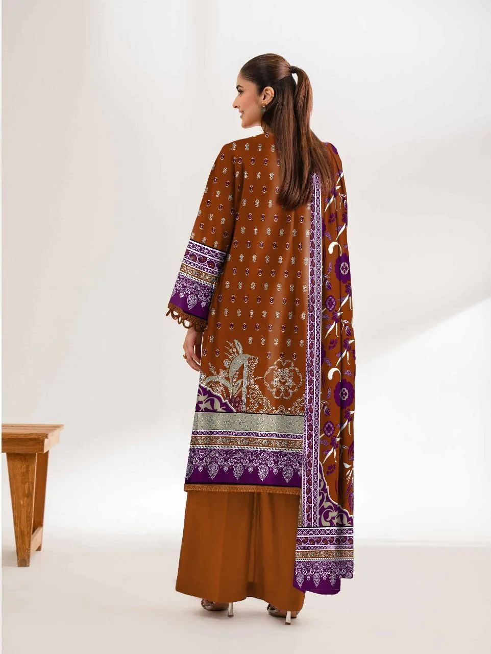 3-Piece Printed Karandi Suit Brown Purple for Women - Image 2