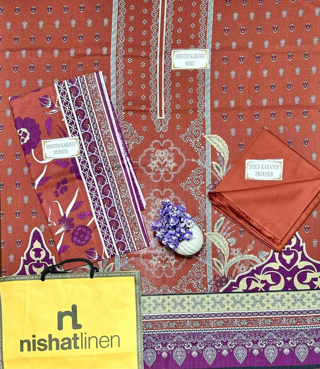 3-Piece Printed Karandi Suit Brown Purple for Women - Image 4