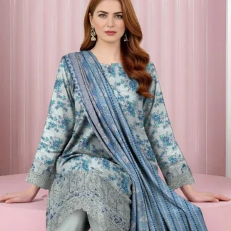 Unstitched Printed Khaddar Suit Grey 3-Piece Set