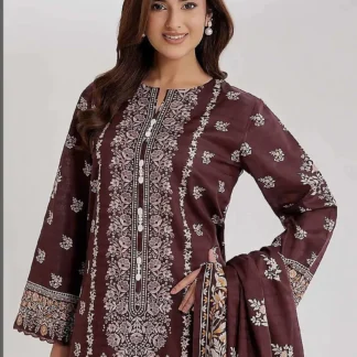 Brown Printed 3-Piece Linen Suit for Women