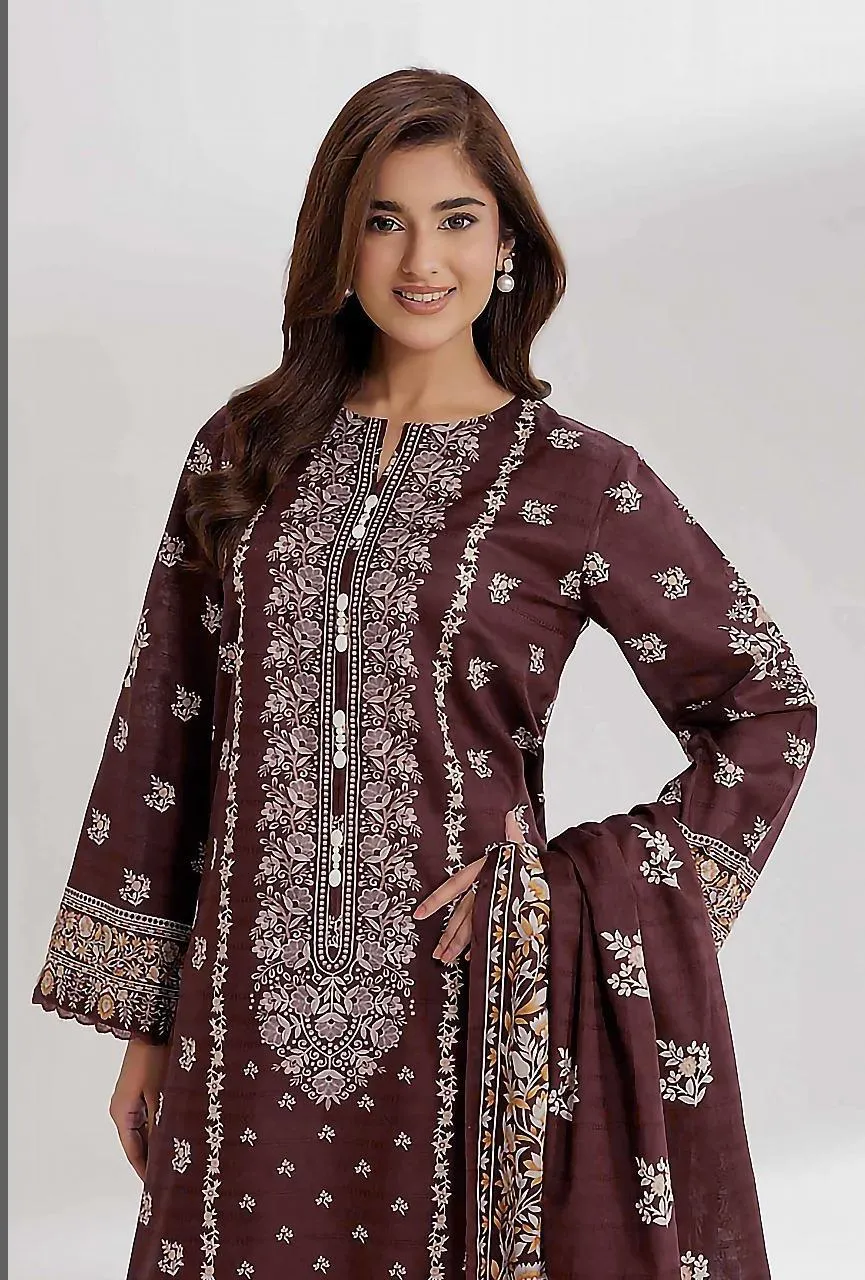 Brown Printed 3-Piece Linen Suit for Women