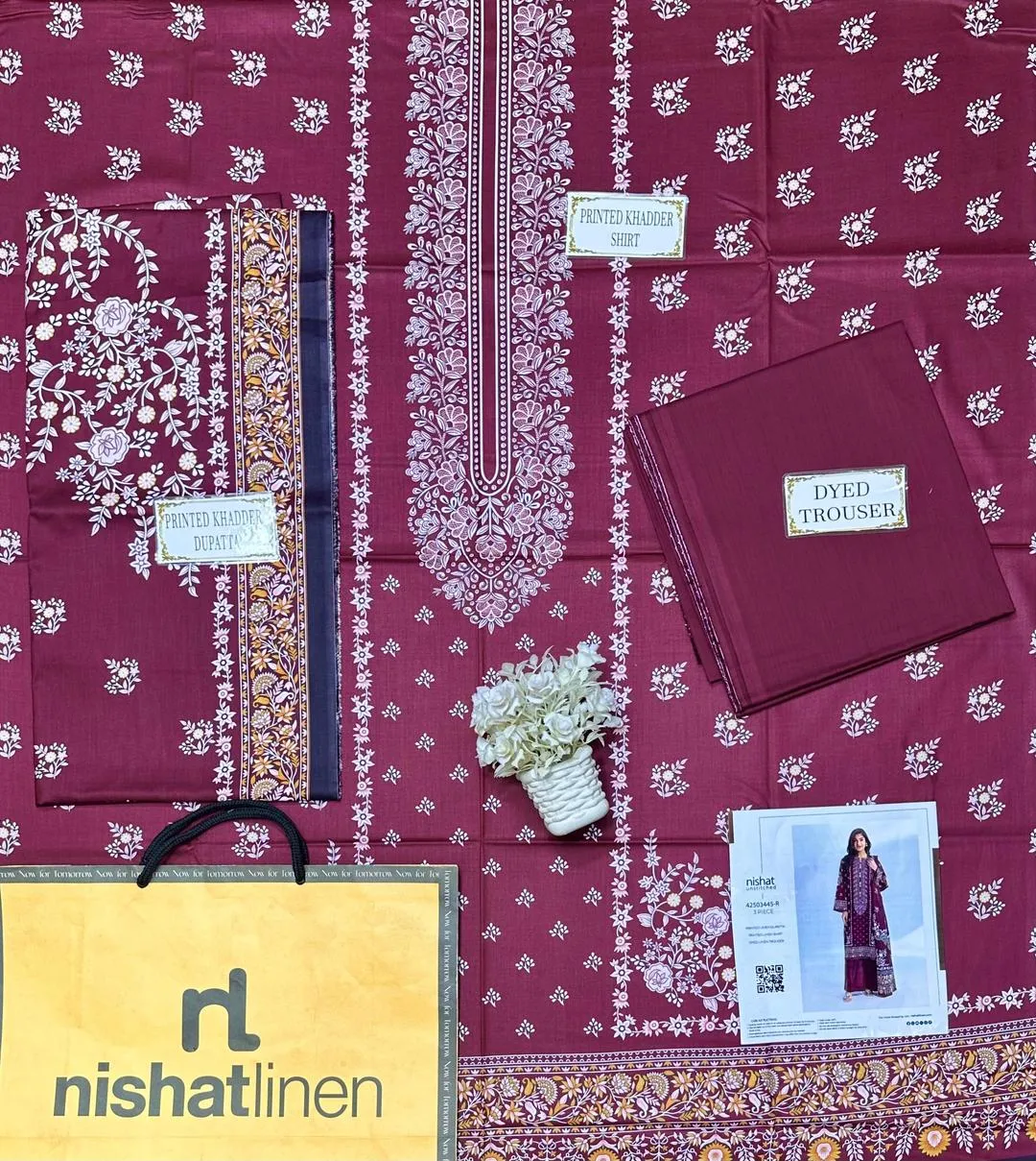 Brown Printed 3-Piece Linen Suit for Women - Image 4
