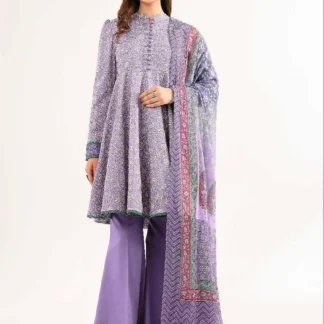 Unstitched Printed 3-Piece Suit Purple Linen