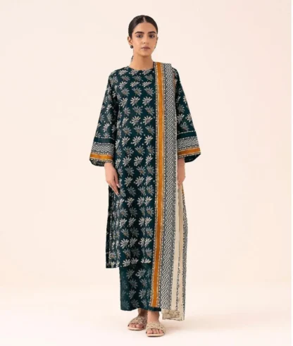 Unstitched Printed Linen 3-Piece Suit Blue Floral