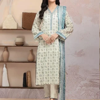 Linen Printed 3-Piece Suit Off-White Blue Floral