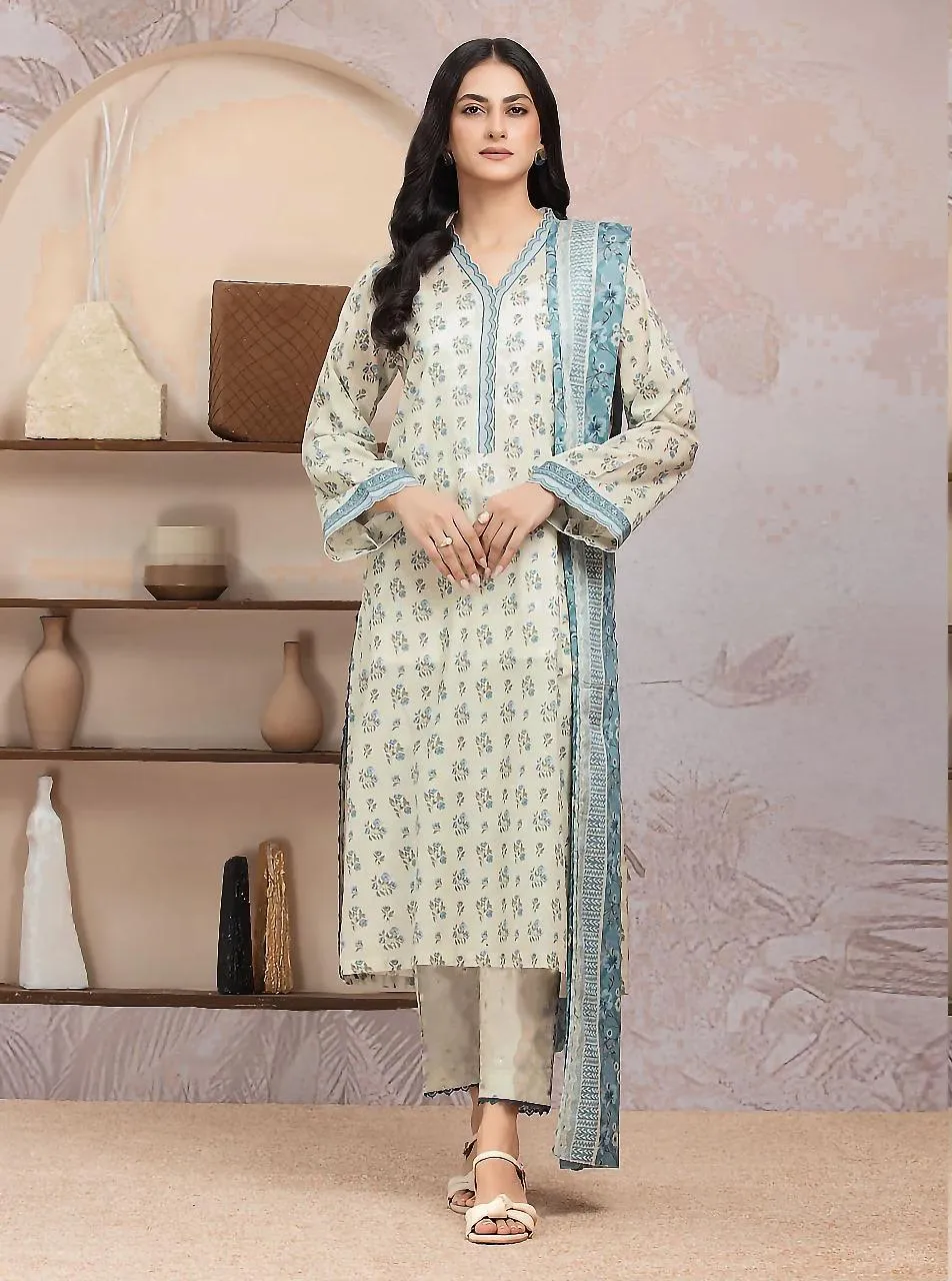 Linen Printed 3-Piece Suit Off-White Blue Floral