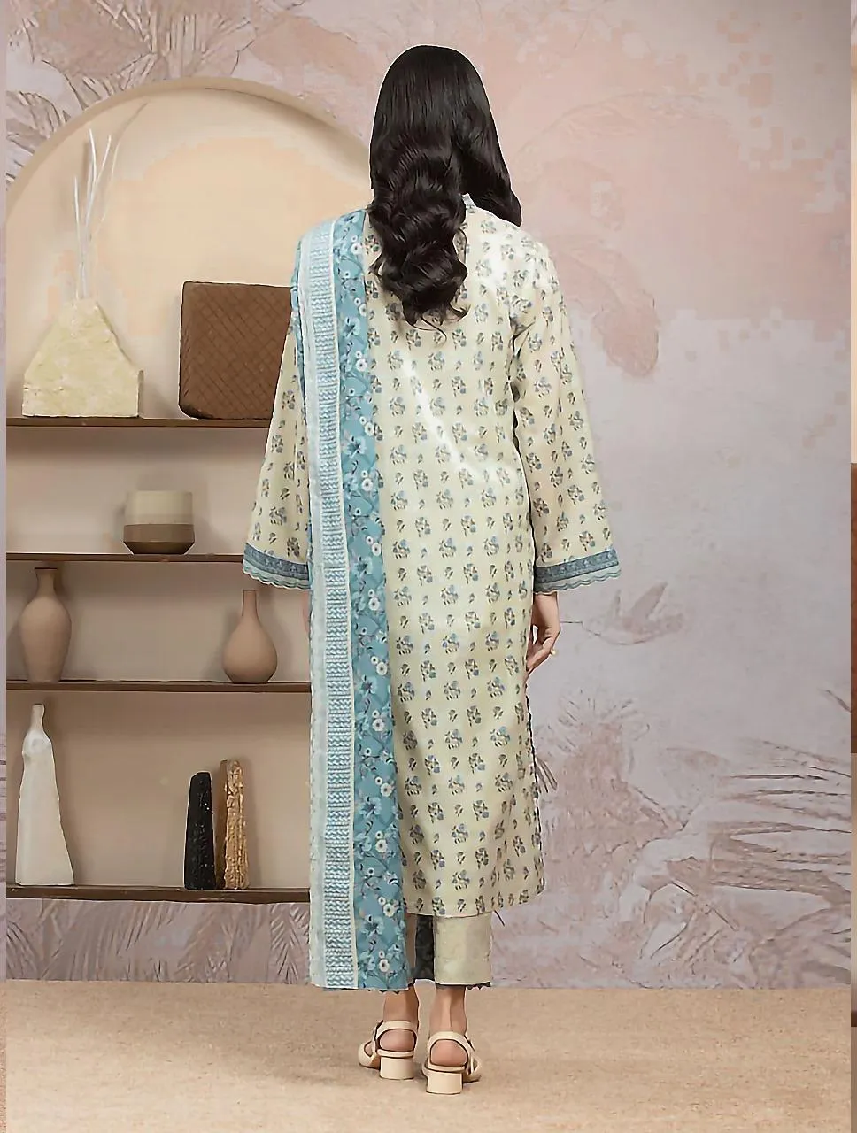 Linen Printed 3-Piece Suit Off-White Blue Floral - Image 2