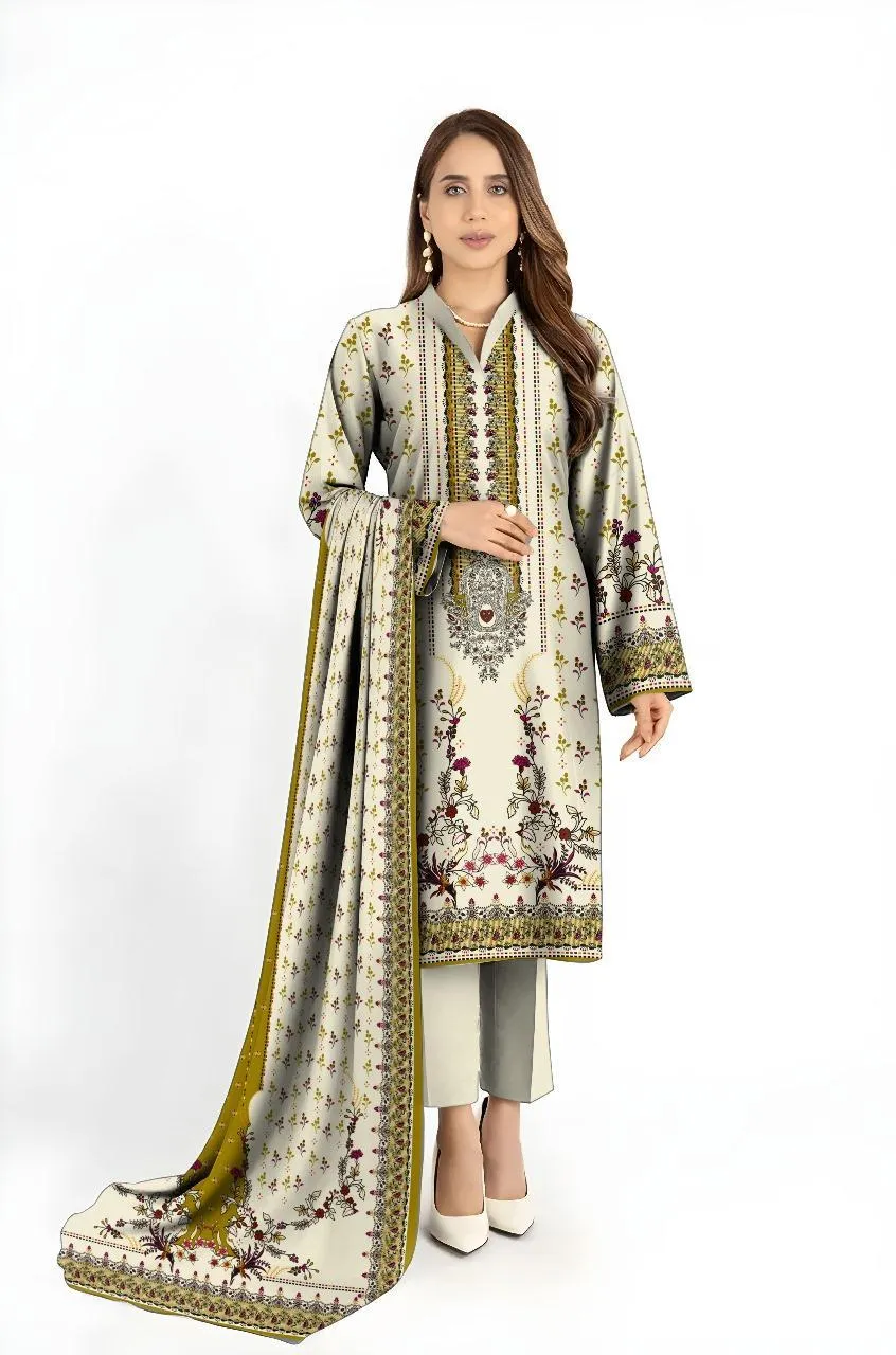 Unstitched Floral Karandi 3-Piece Suit Off-White