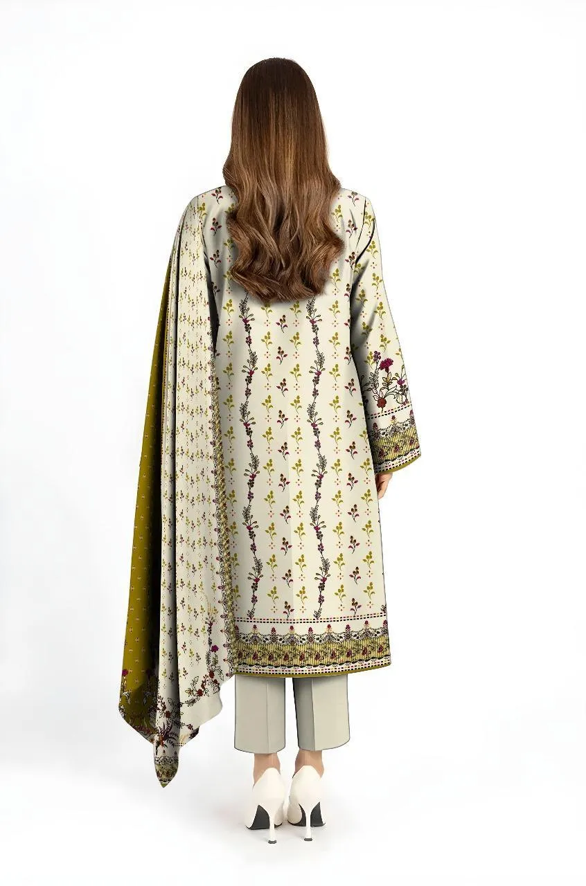 Unstitched Floral Karandi 3-Piece Suit Off-White - Image 2