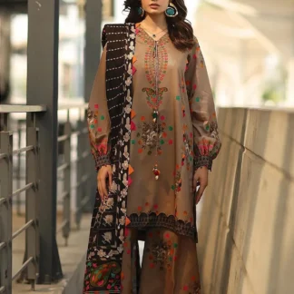 Brown Printed 3 Pcs Women Suit Khaddar Unstitched