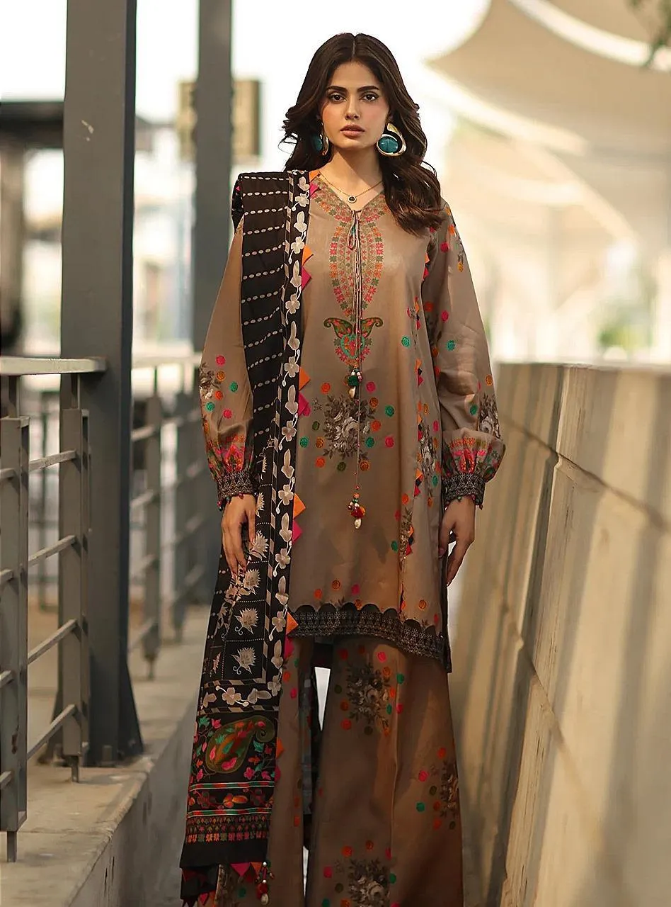 Brown Printed 3 Pcs Women Suit Khaddar Unstitched