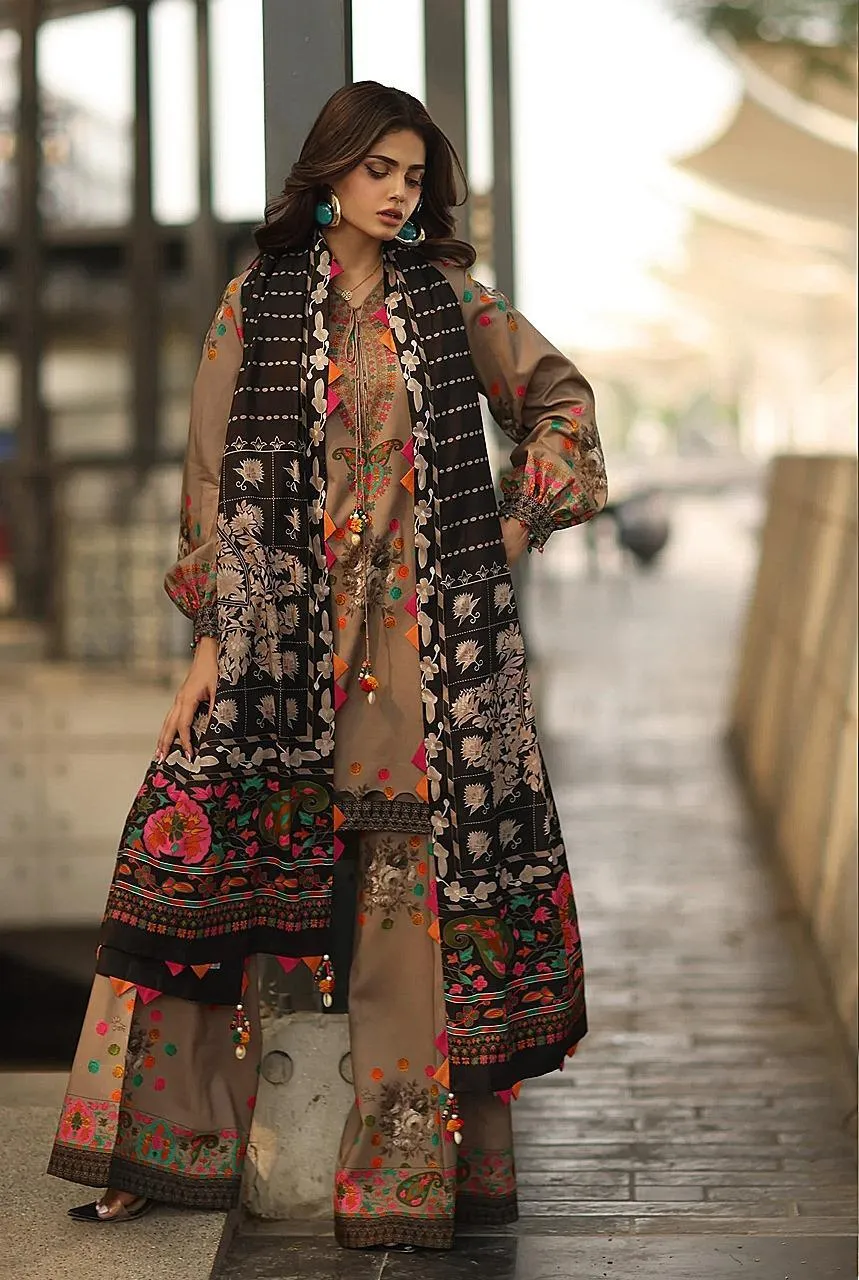 Brown Printed 3 Pcs Women Suit Khaddar Unstitched - Image 2