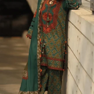 3-Piece Printed Khaddar Suit Green Red Brown
