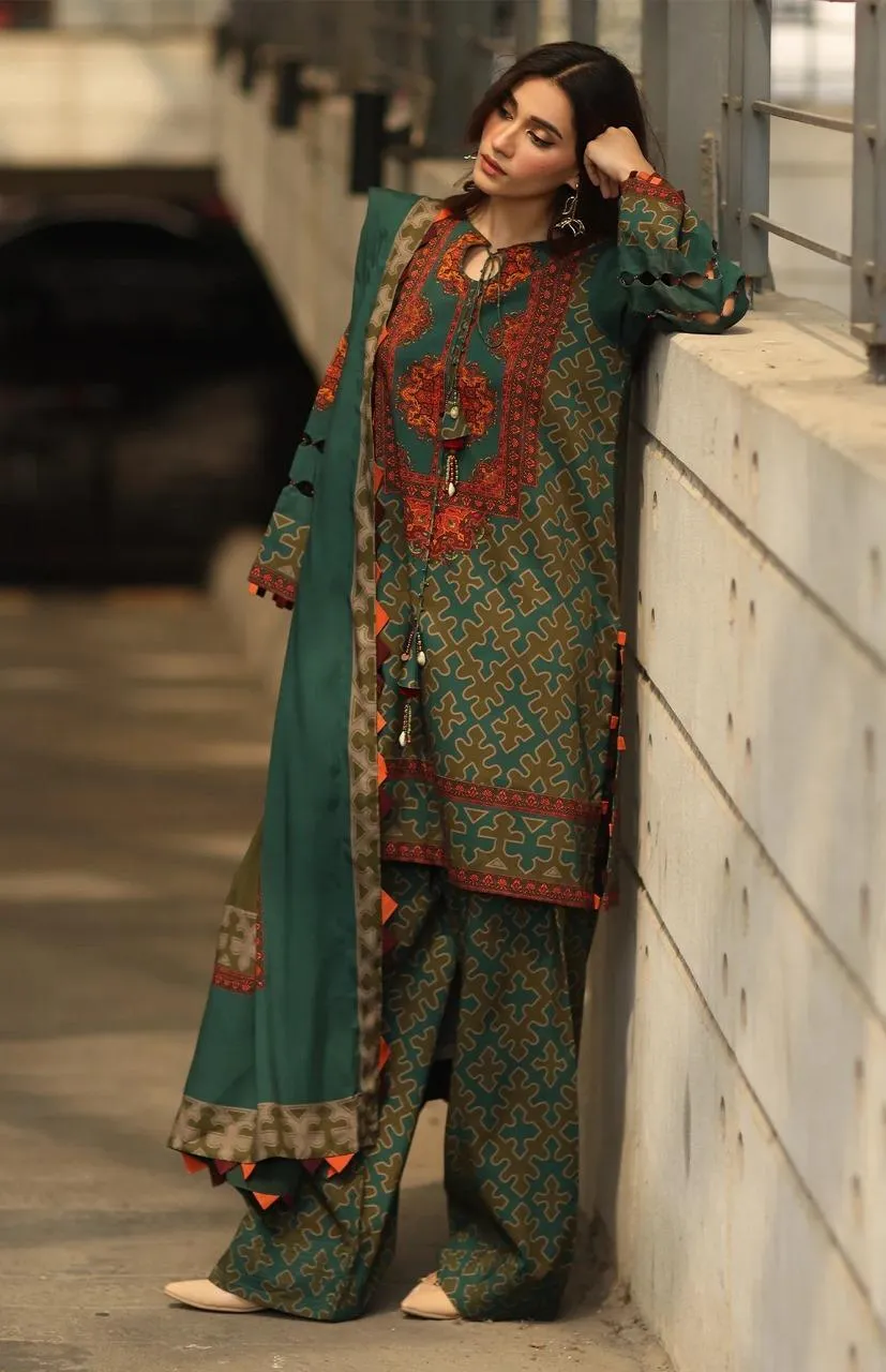 3-Piece Printed Khaddar Suit Green Red Brown