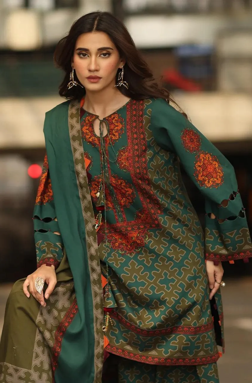 3-Piece Printed Khaddar Suit Green Red Brown - Image 2