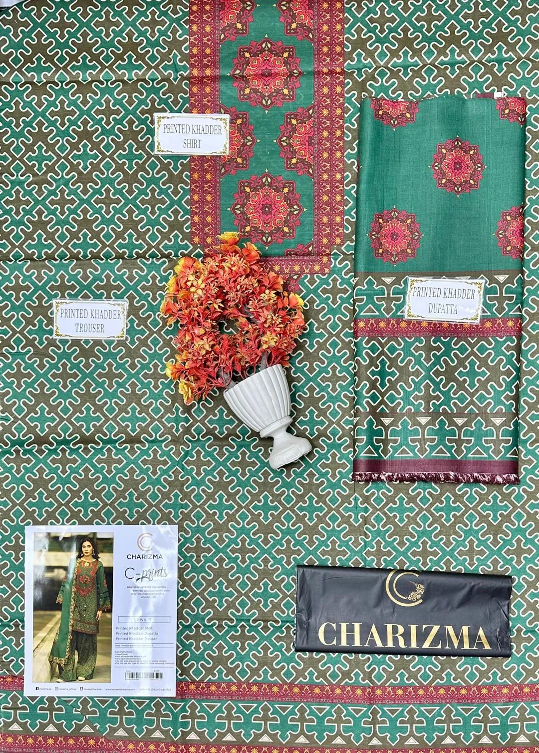 3-Piece Printed Khaddar Suit Green Red Brown - Image 4
