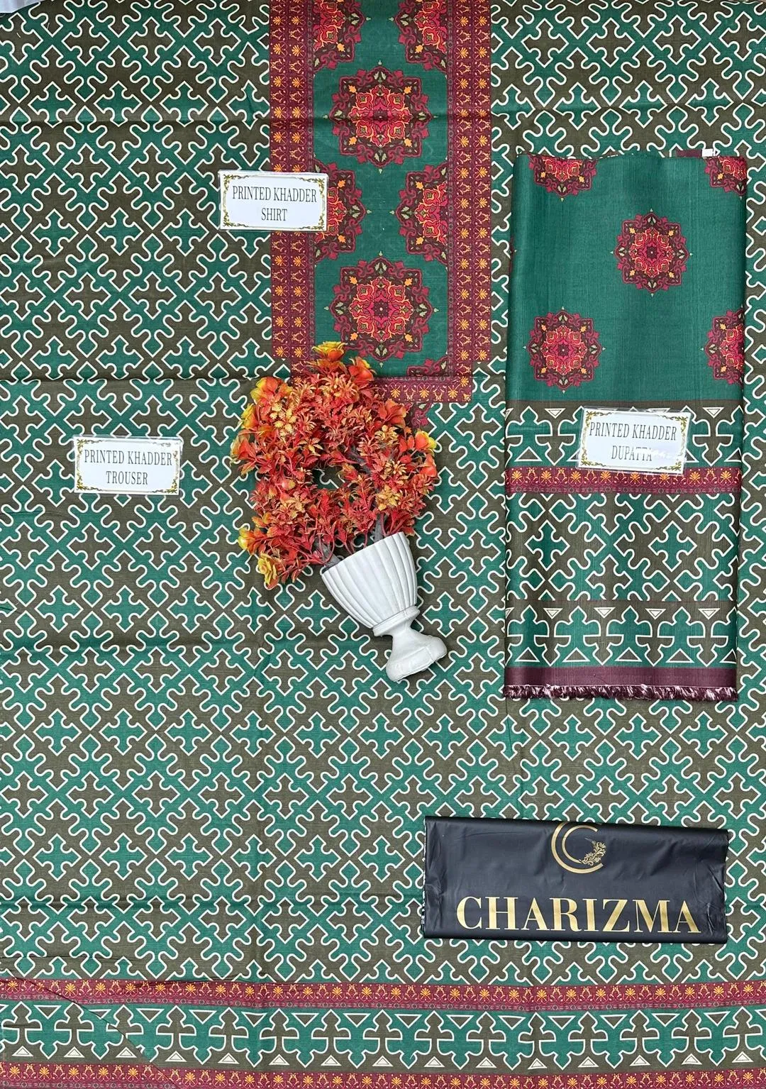 3-Piece Printed Khaddar Suit Green Red Brown - Image 5