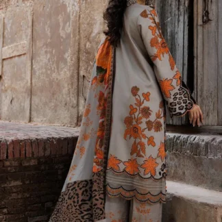 3-Piece Printed Khaddar Suit Grey Orange Leopard