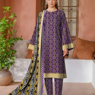 Purple Printed 3 Pcs Women's Khaddar Suit with Wool Dupatta