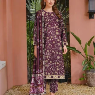 Maroon Printed 3 Pcs Women Suit Khaddar Wool Dupatta