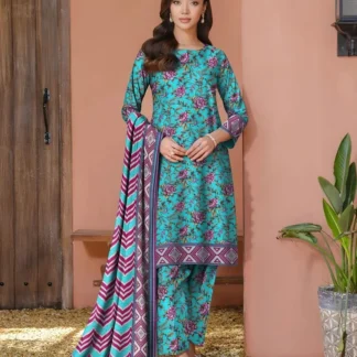 3 Pcs Women's Printed Khaddar Suit Blue Winter Party Wear