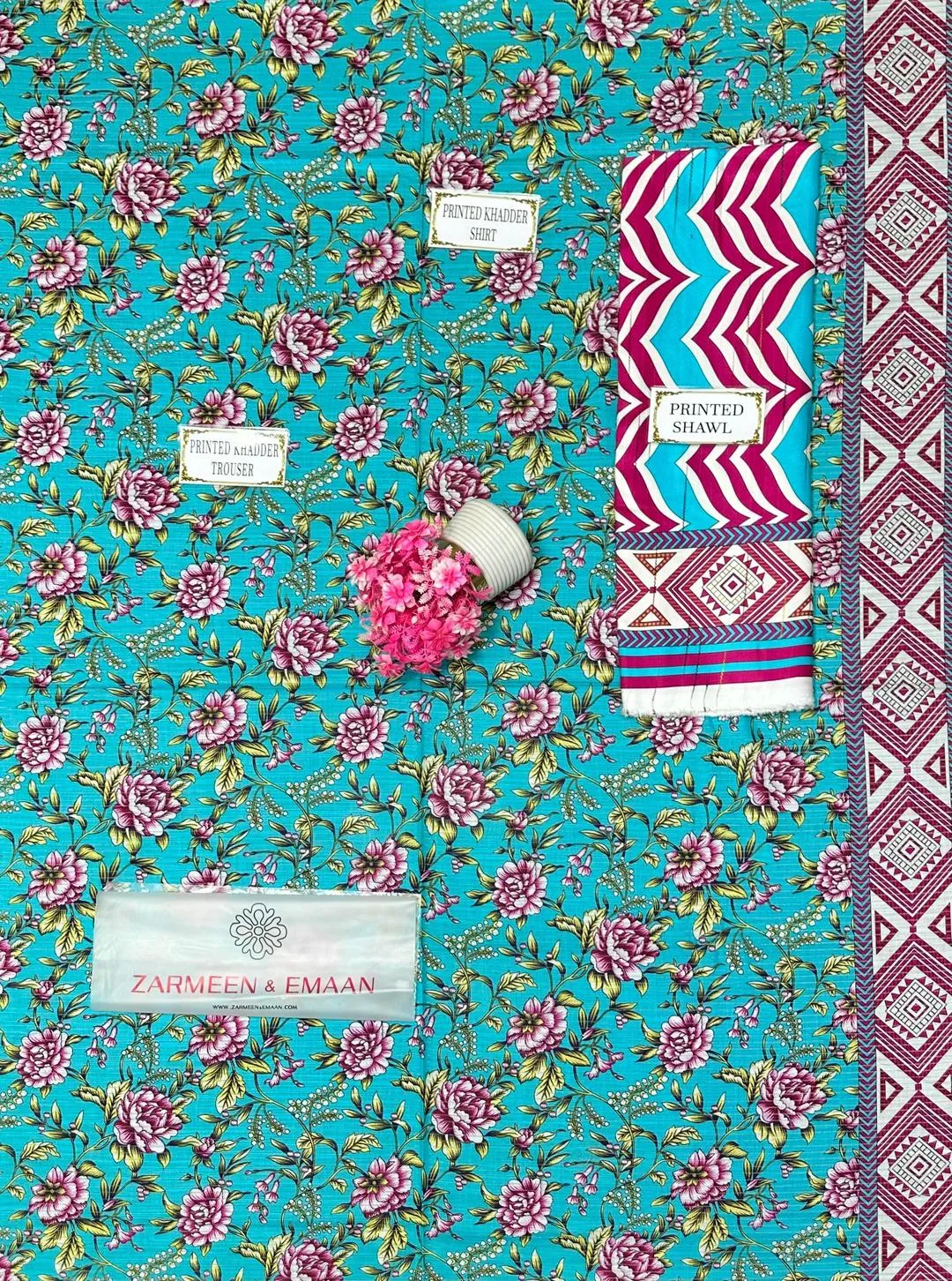 3 Pcs Women's Printed Khaddar Suit Blue Winter Party Wear - Image 4