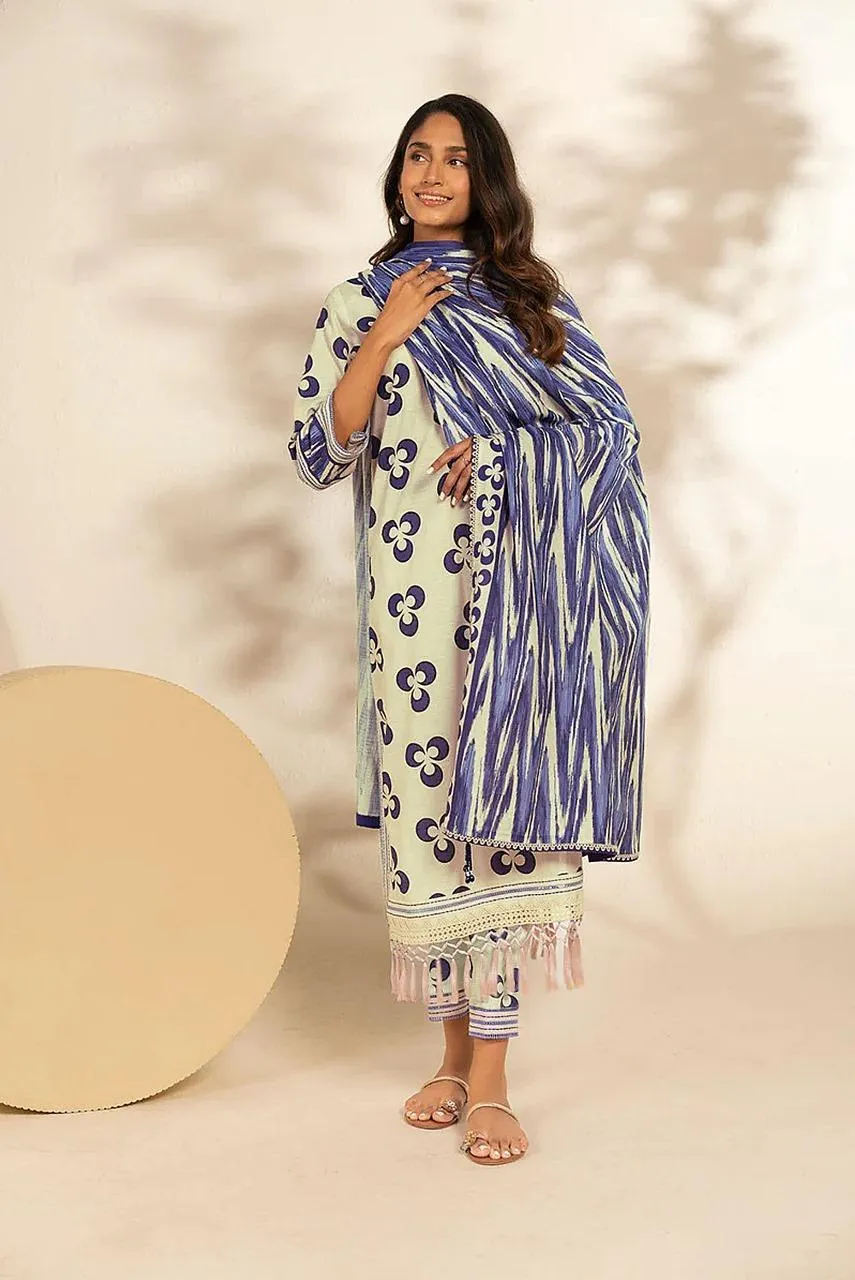 3-Piece Printed Khaddar Suit Blue Off-White Pakistani Women