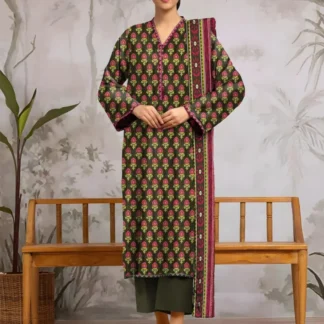 3-Piece Printed Dobby Lawn Suit Green Pink Floral