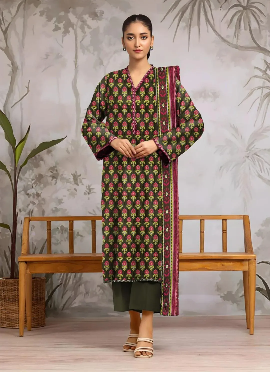 3-Piece Printed Dobby Lawn Suit Green Pink Floral