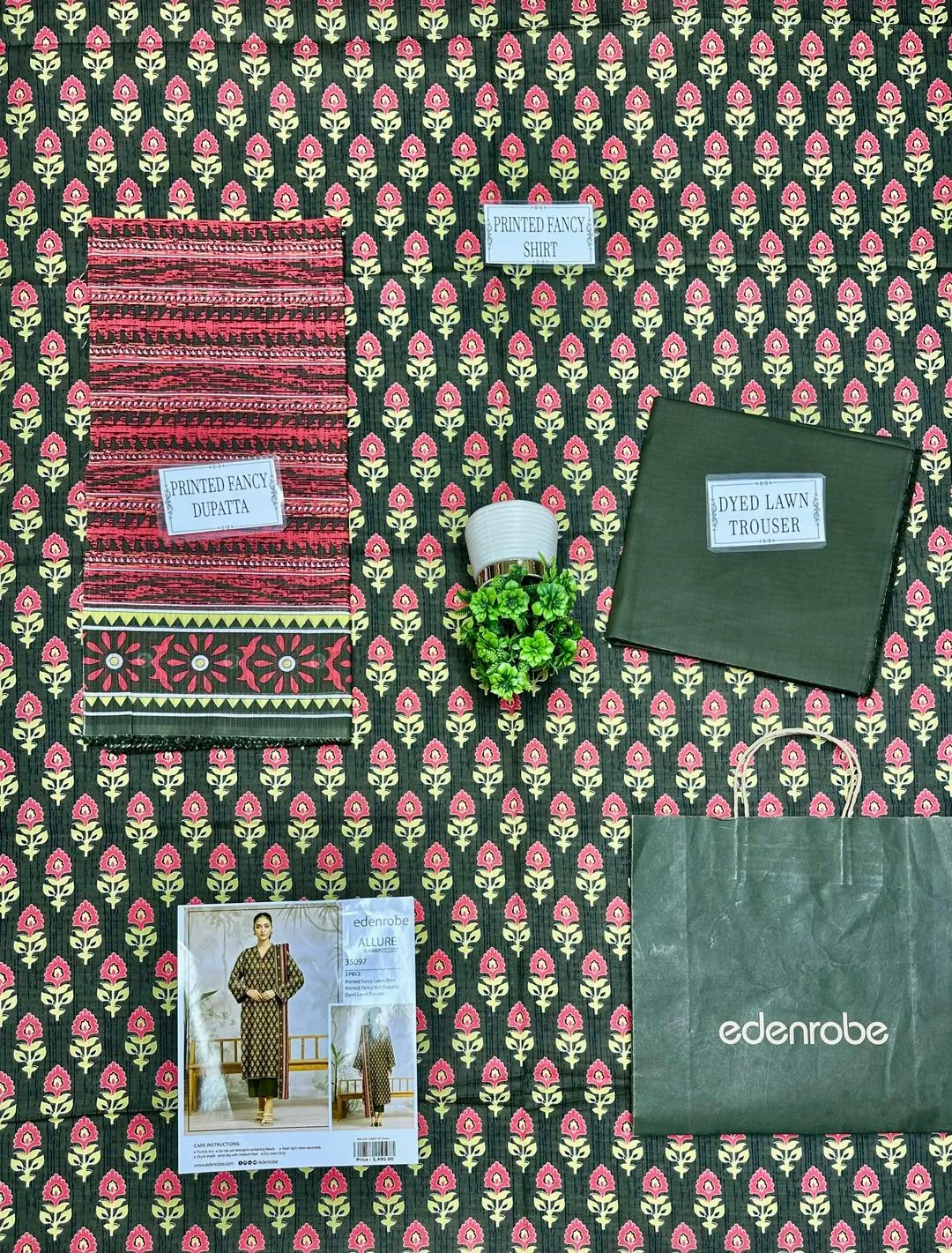 3-Piece Printed Dobby Lawn Suit Green Pink Floral - Image 2